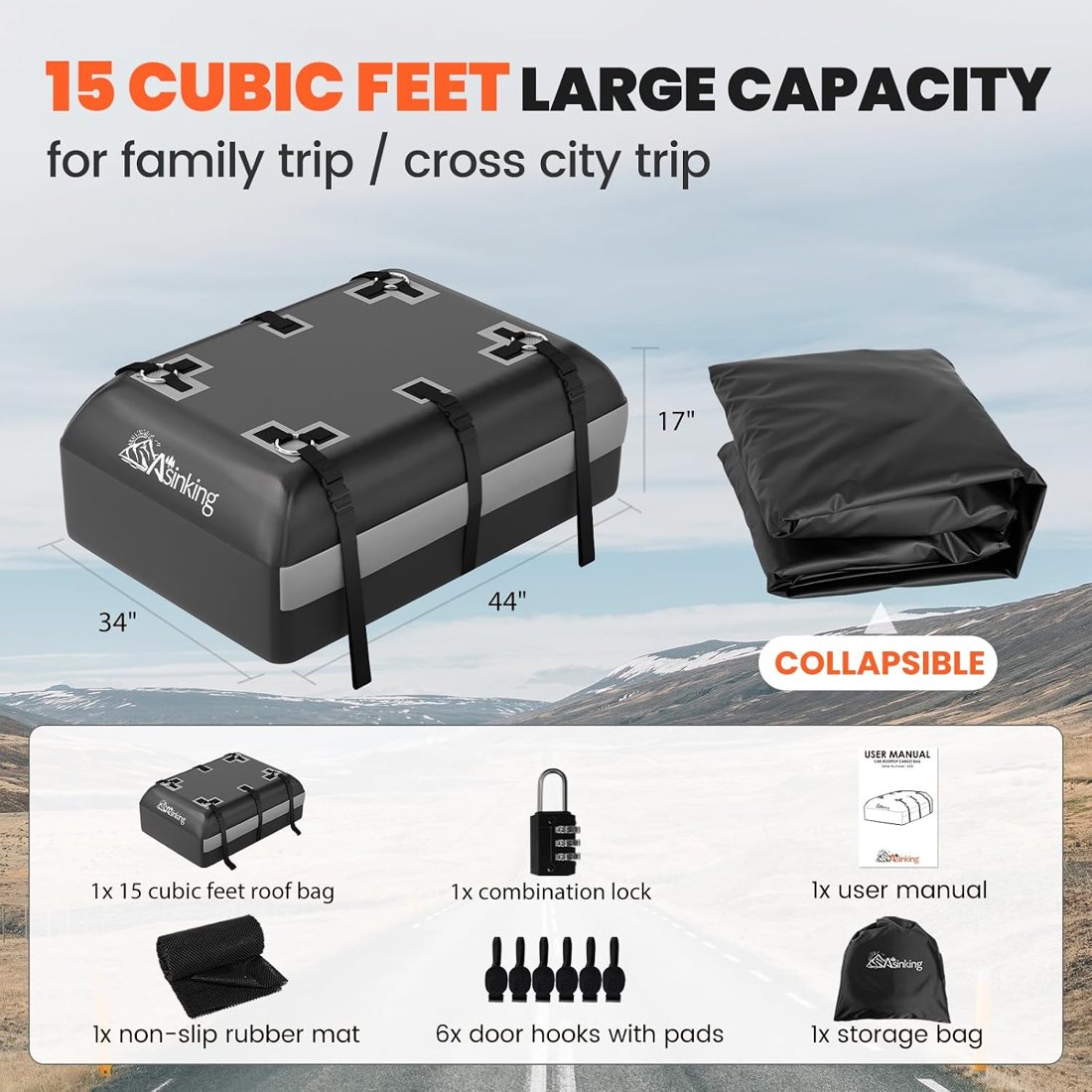 Asinking Triple-Reinforced Roof Bag, 15 Cu Ft, Grey — view 5