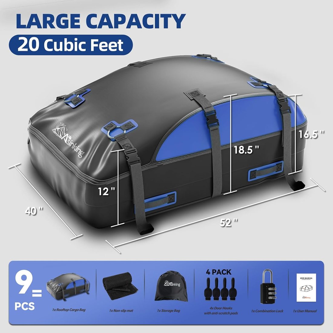Asinking Ultimate Roof Bag, 20 Cu Ft, Black & Blue — view 4